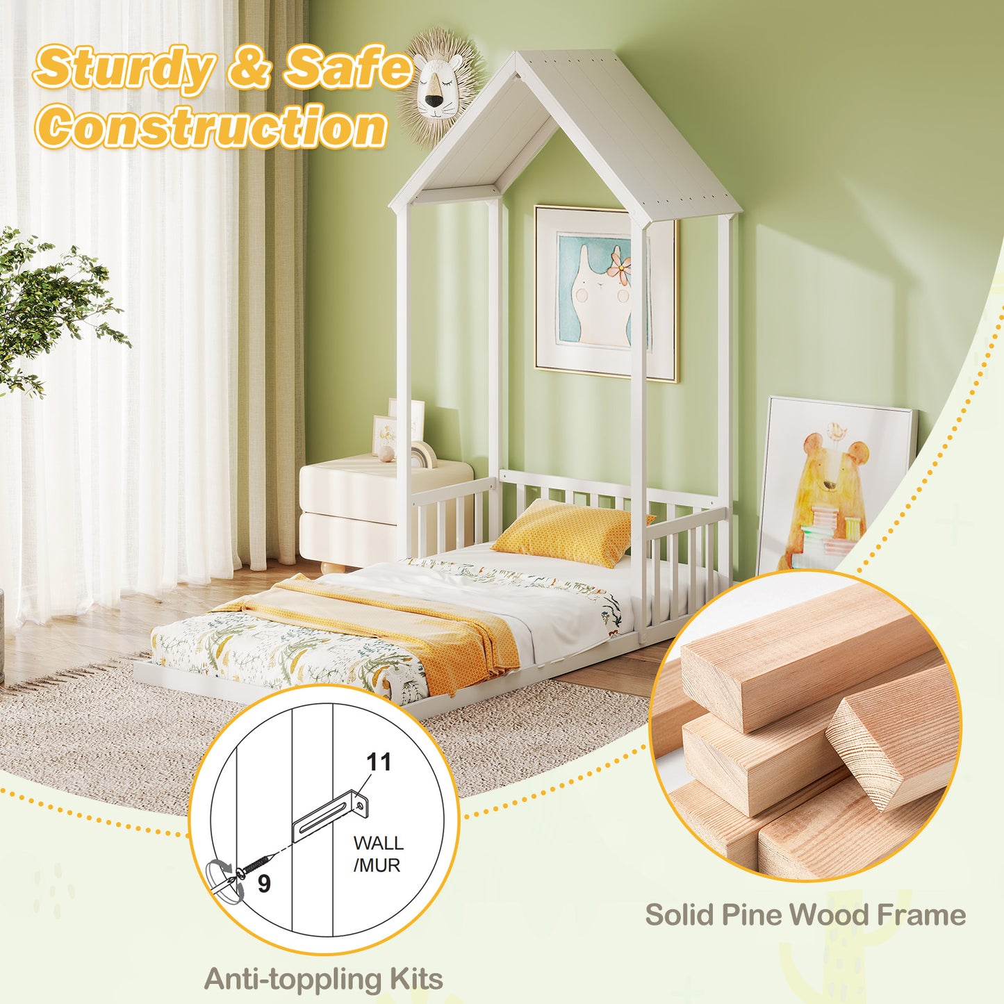 Twin Size House Bed with House Shape Roof and Semi-Fence-White