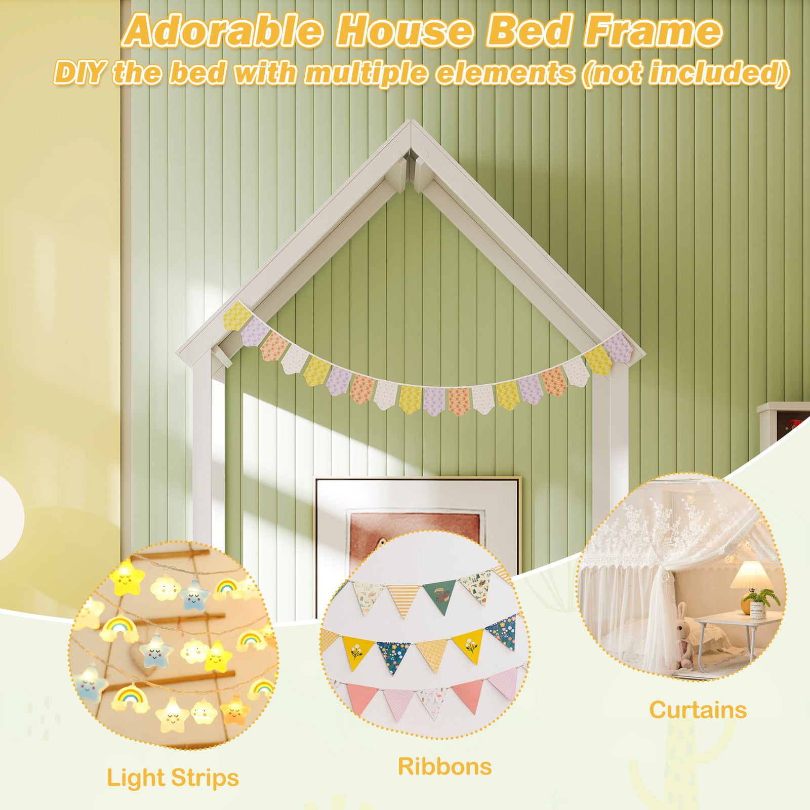 Twin Size House Bed with House Shape Roof and Semi-Fence-White