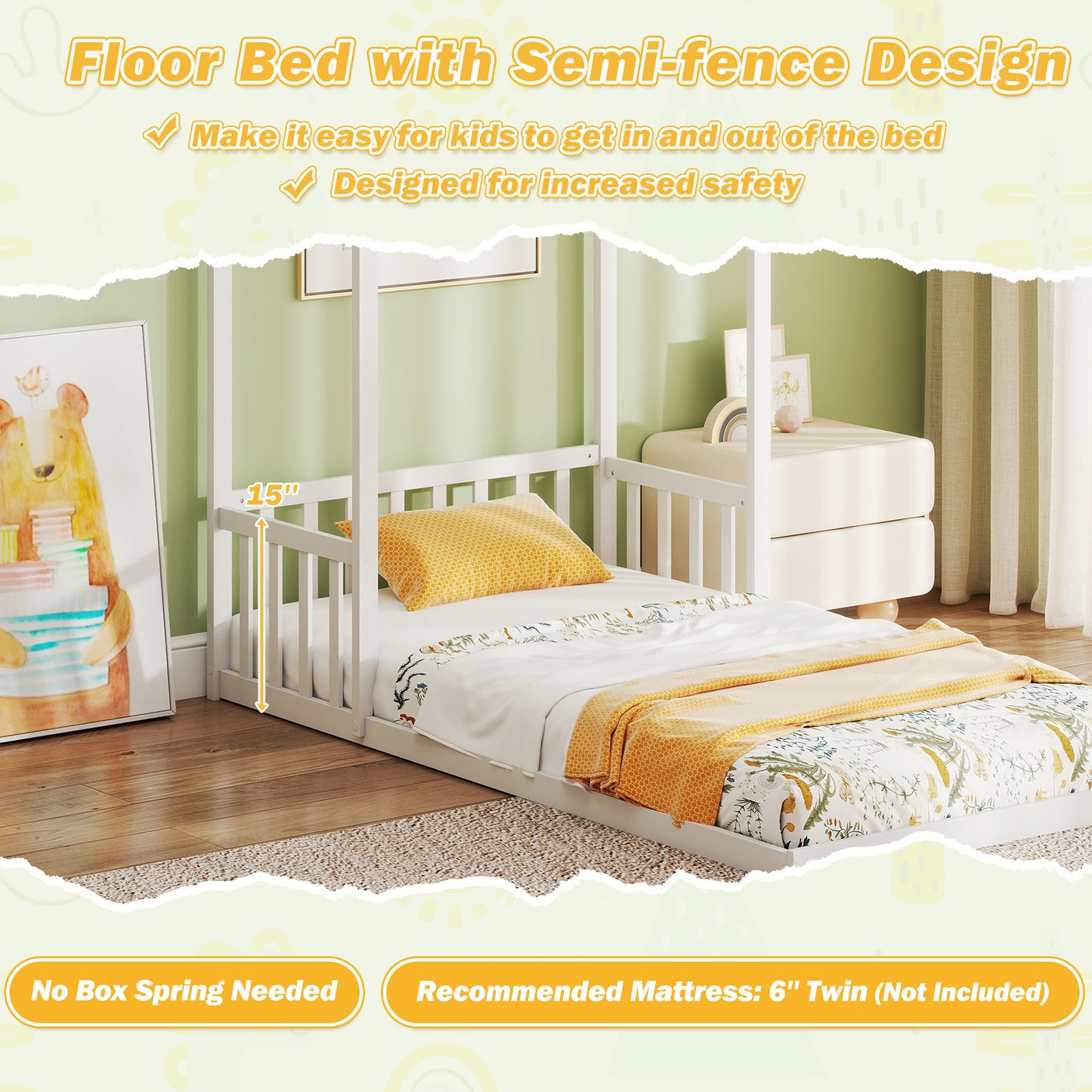 Twin Size House Bed with House Shape Roof and Semi-Fence-White