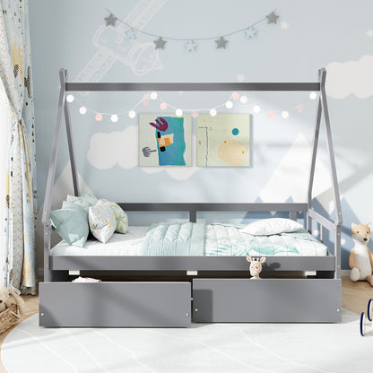 Twin Size House Bed with Roof and Safety Guardrail