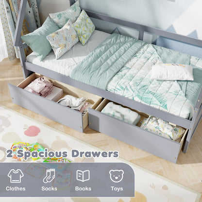 Twin Size House Bed with Roof and Safety Guardrail