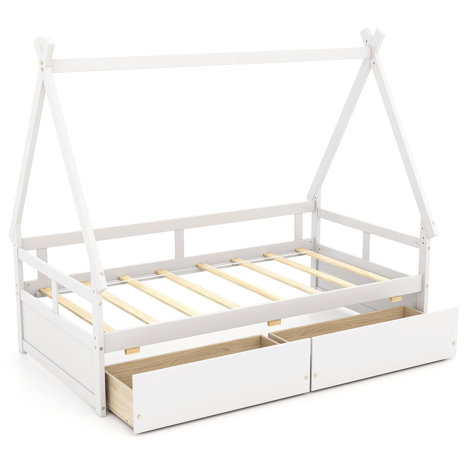Twin Size House Bed with Roof and Safety Guardrail-Gray - White