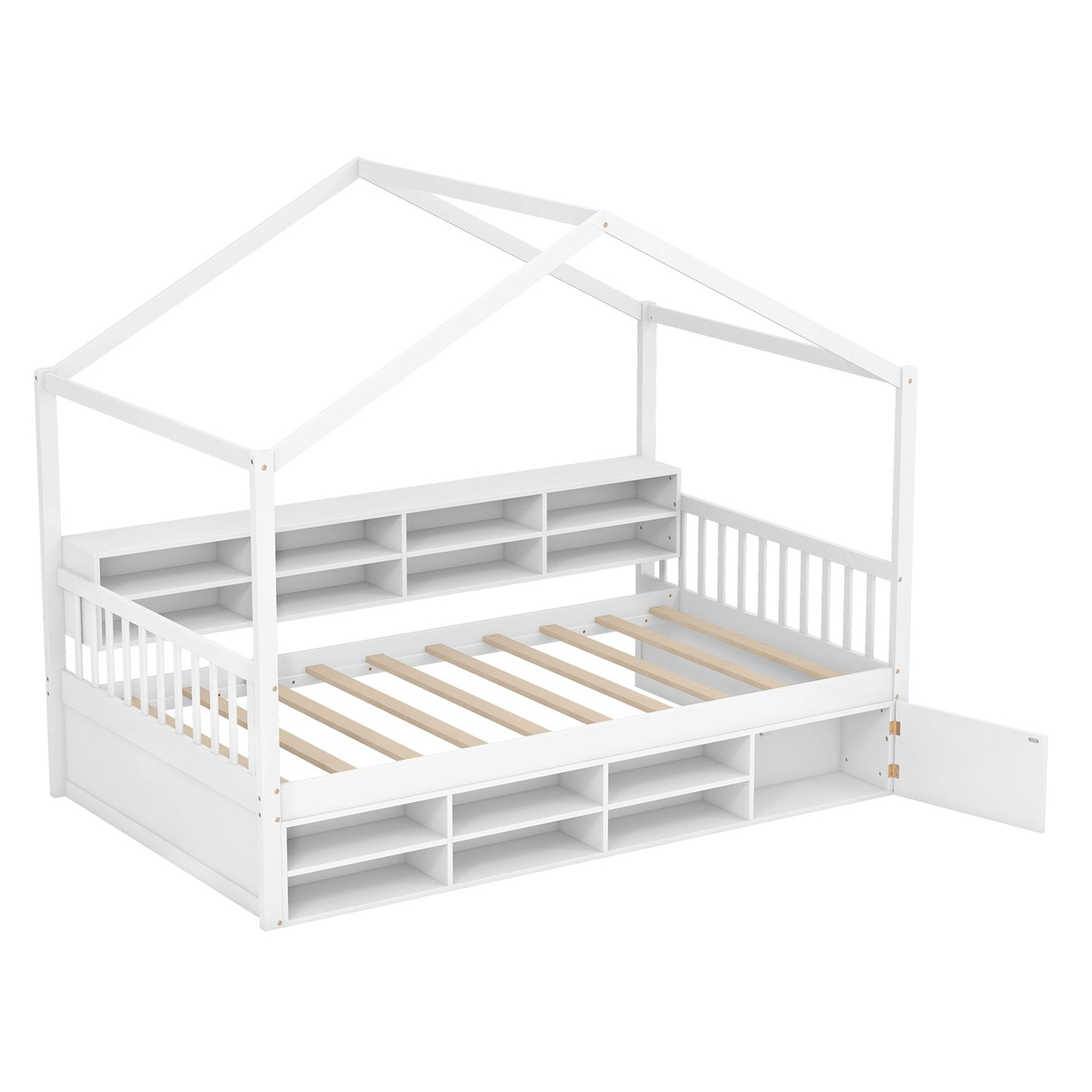 Twin Size House Bed with Roof with 14 Storage Cubes and Enclosed Cabinet-White - White