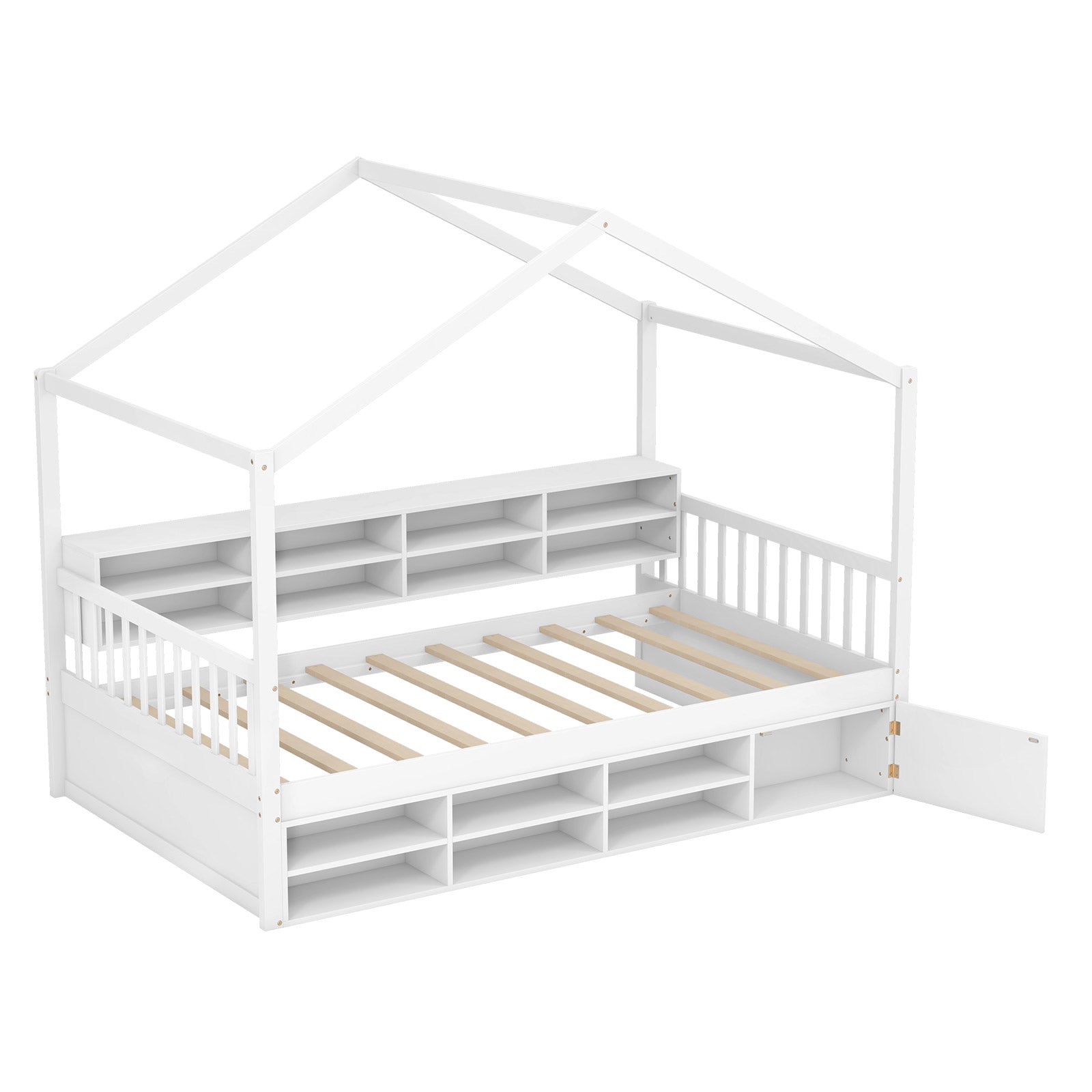 Twin Size House Bed with Roof with 14 Storage Cubes and Enclosed Cabinet-White - White