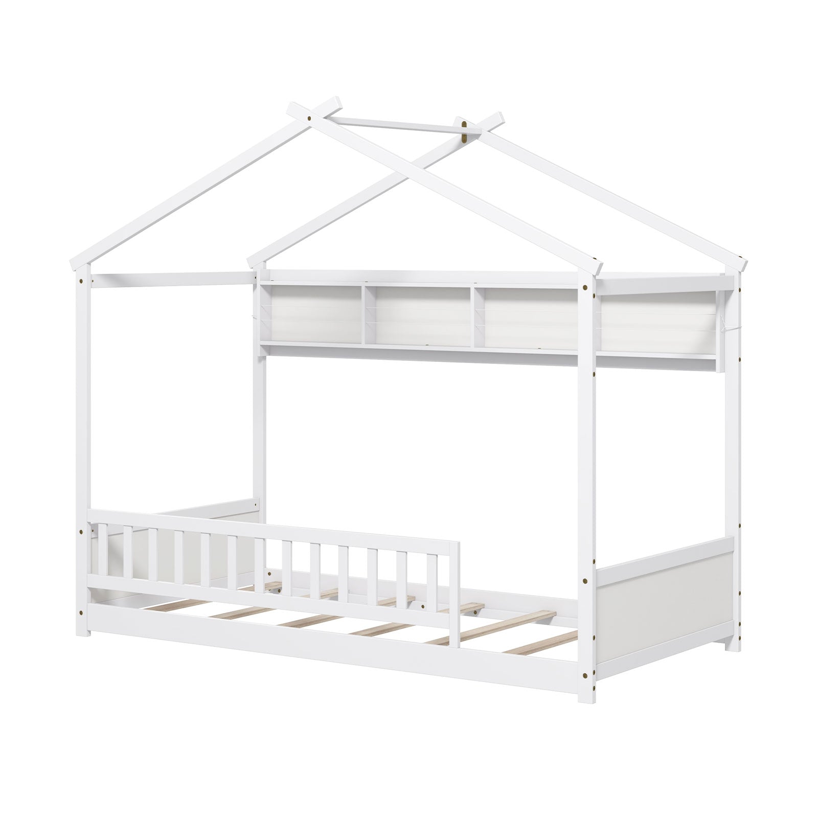 Twin Size House Bed with Storage Shelf and Headboard-White - White