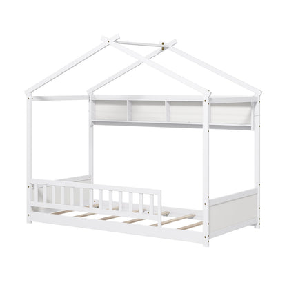 Twin Size House Bed with Storage Shelf and Headboard-White - White