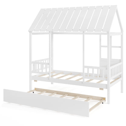 Twin Size House Bed with Trundle Kids Platform Bed with Roof Window-White