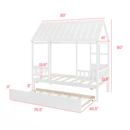Twin Size House Bed with Trundle Kids Platform Bed with Roof Window-White