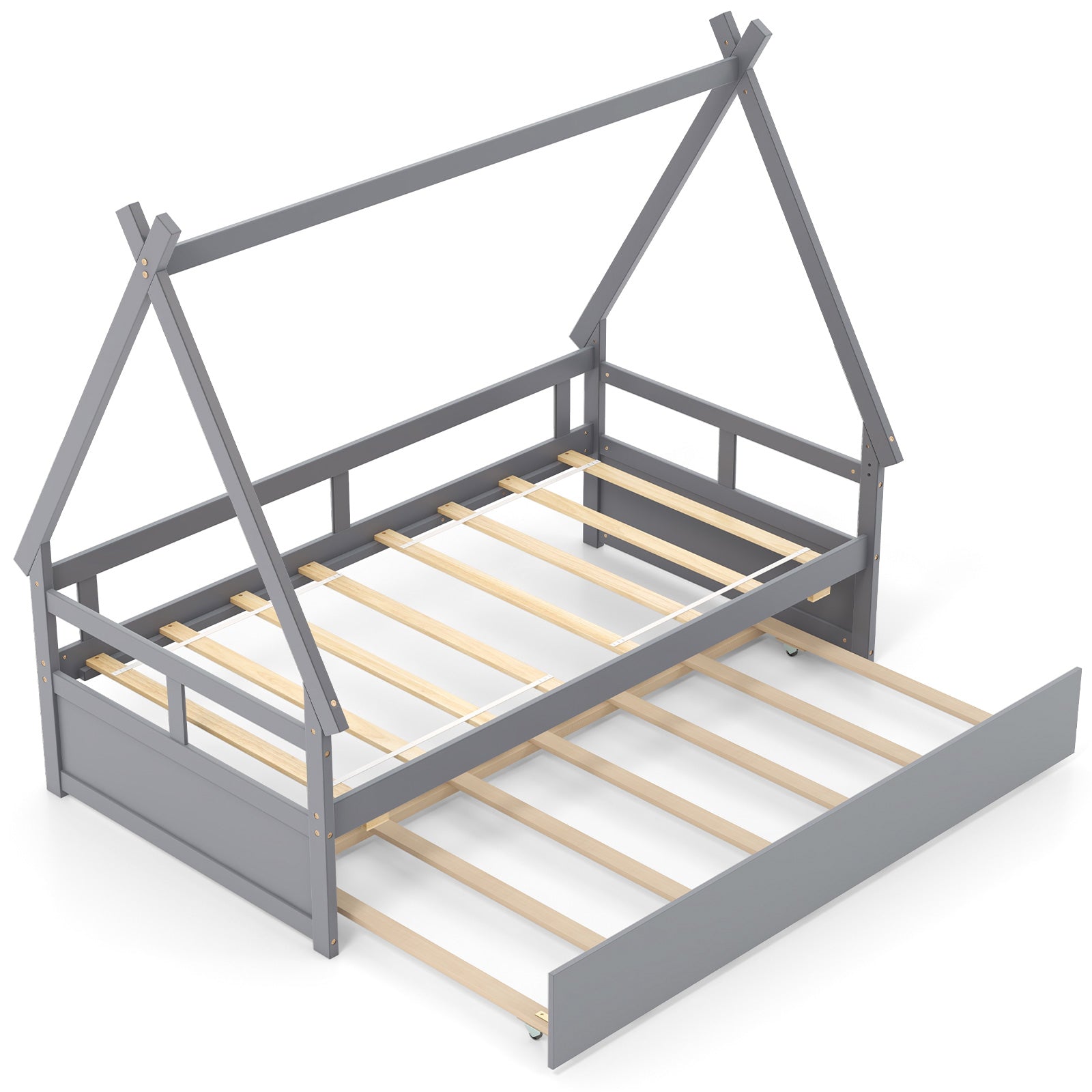 Twin Size House Bed with Trundle and Safety Guardrail-Gray - Gray