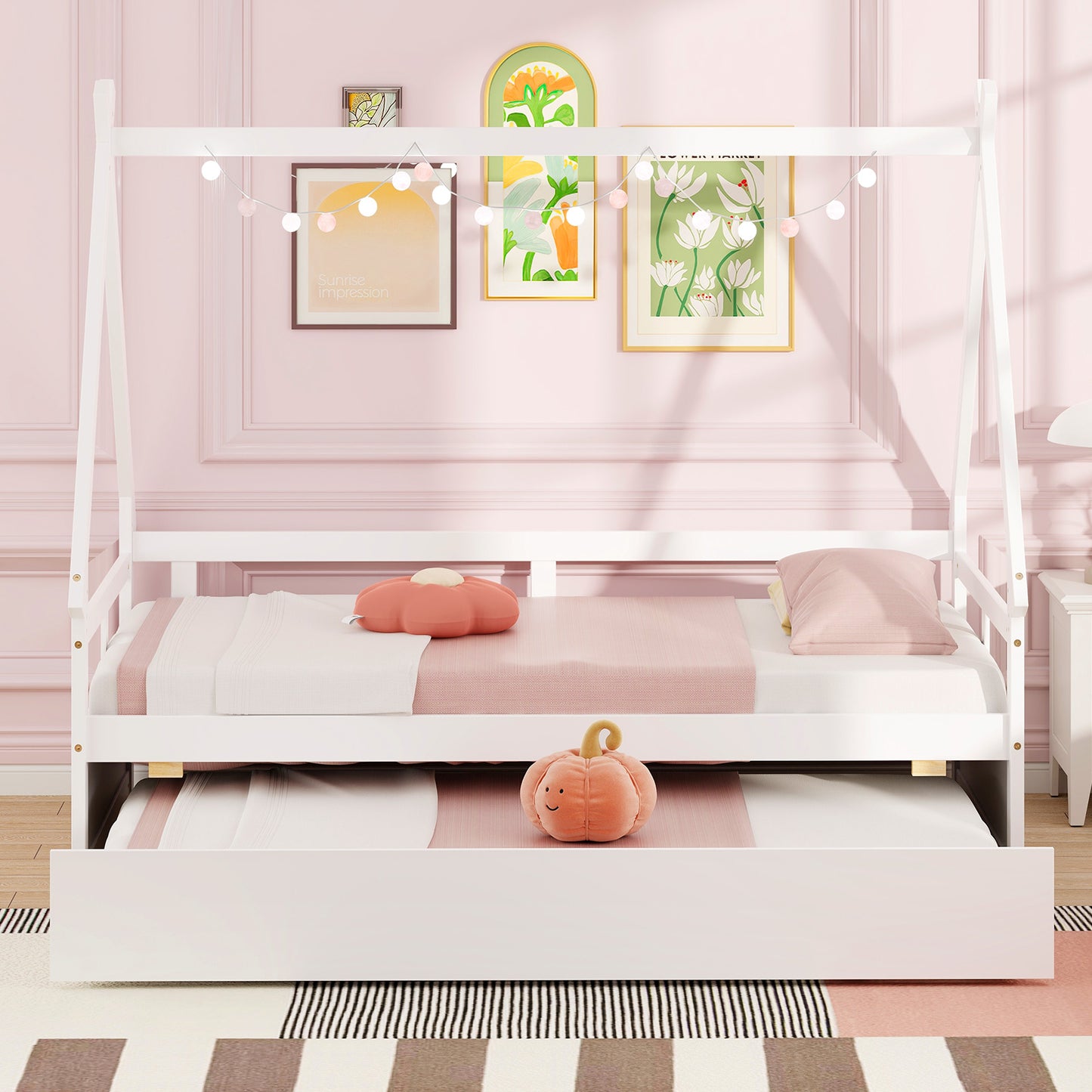 Twin Size House Bed with Trundle and Safety Guardrail