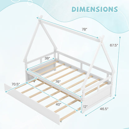 Twin Size House Bed with Trundle and Safety Guardrail