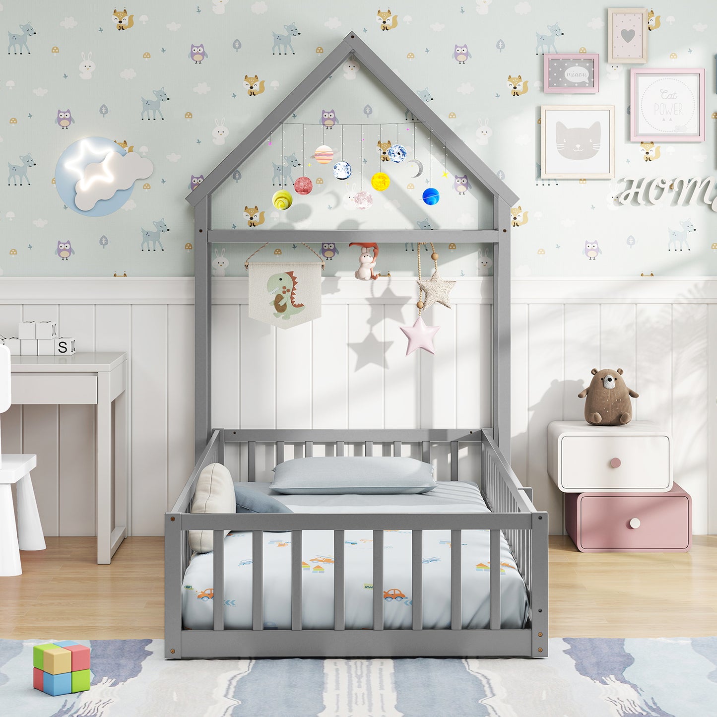 Twin Size House Floor Bed with House-shaped Headboard