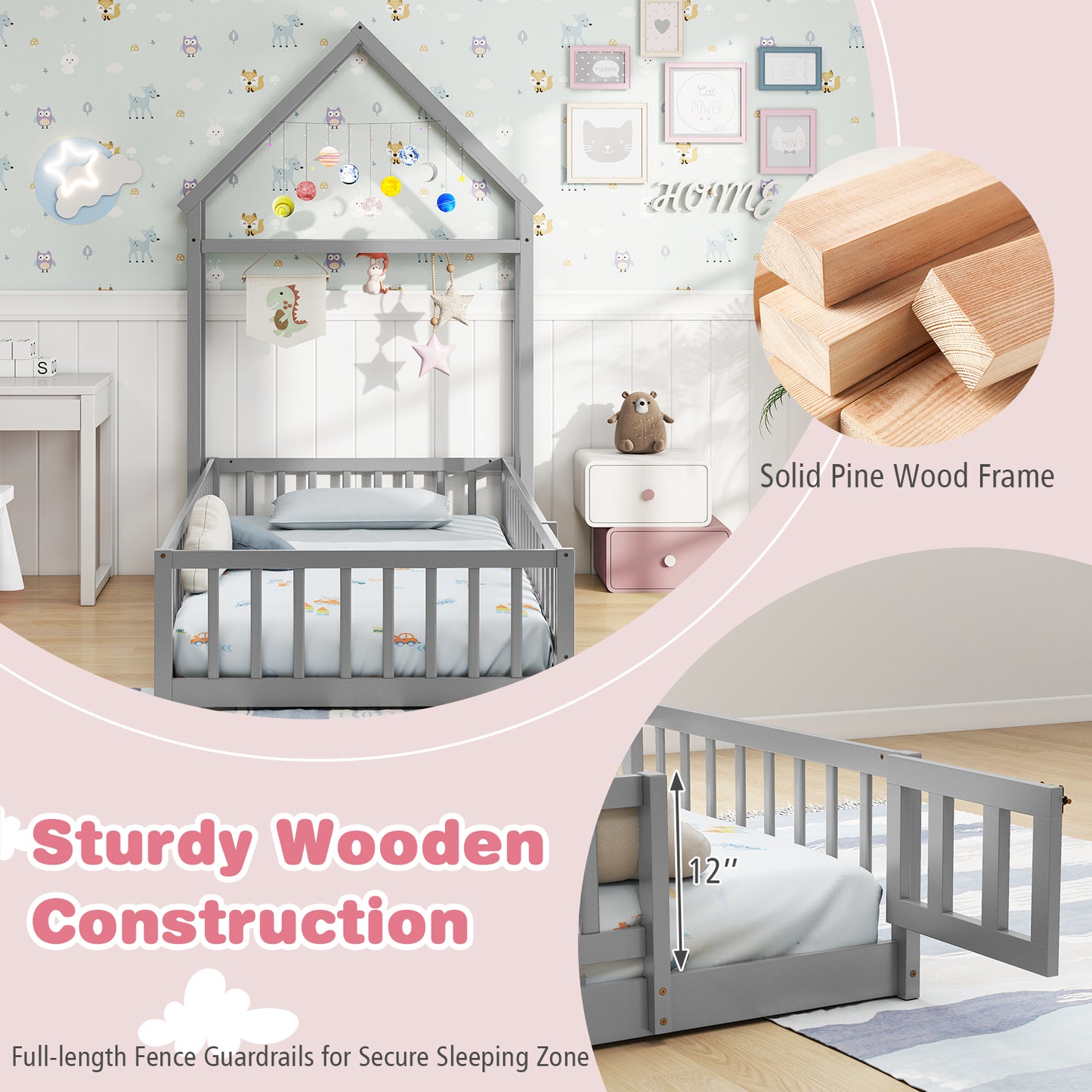 Twin Size House Floor Bed with House-shaped Headboard