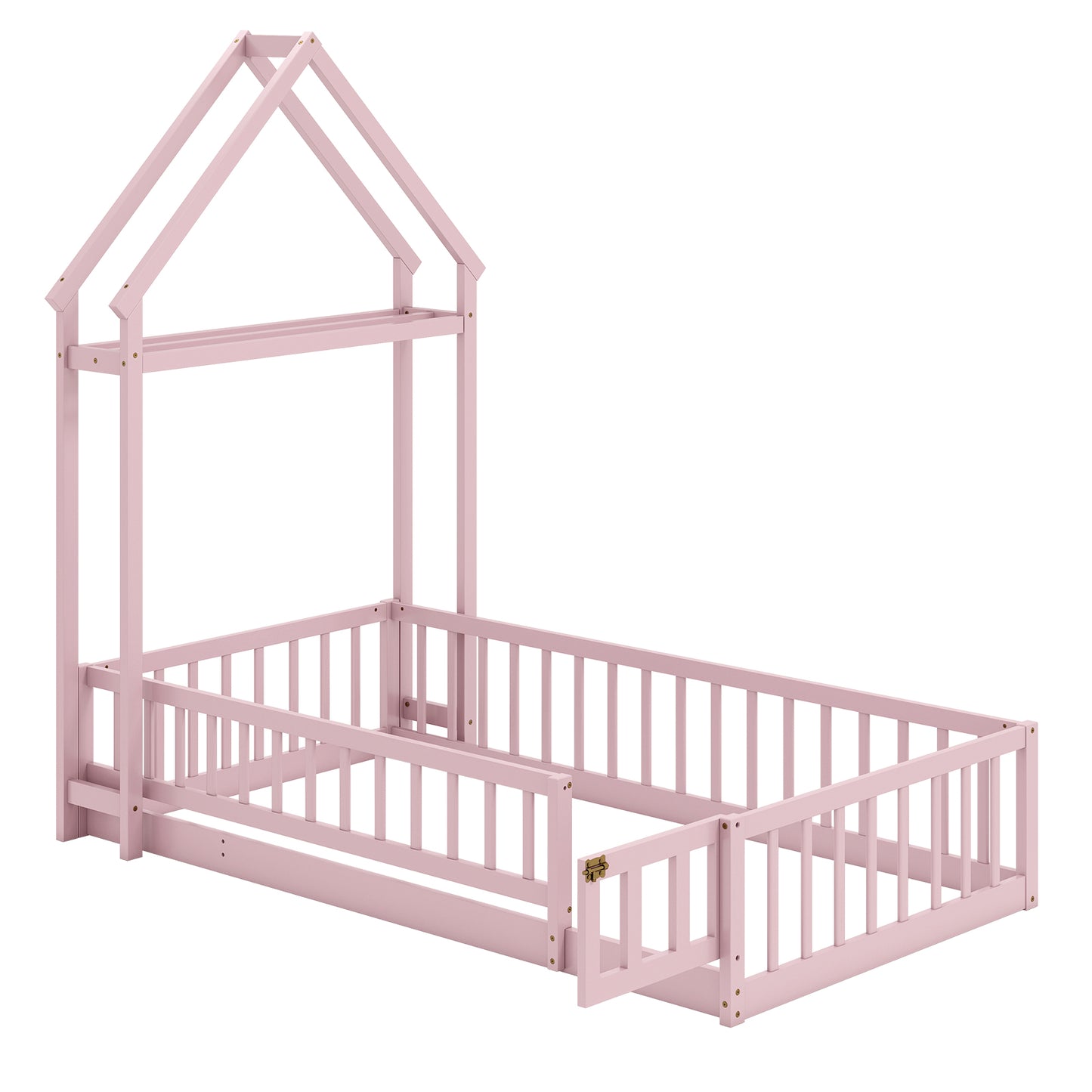 Twin Size House Floor Bed with House-shaped Headboard-Pink - Pink