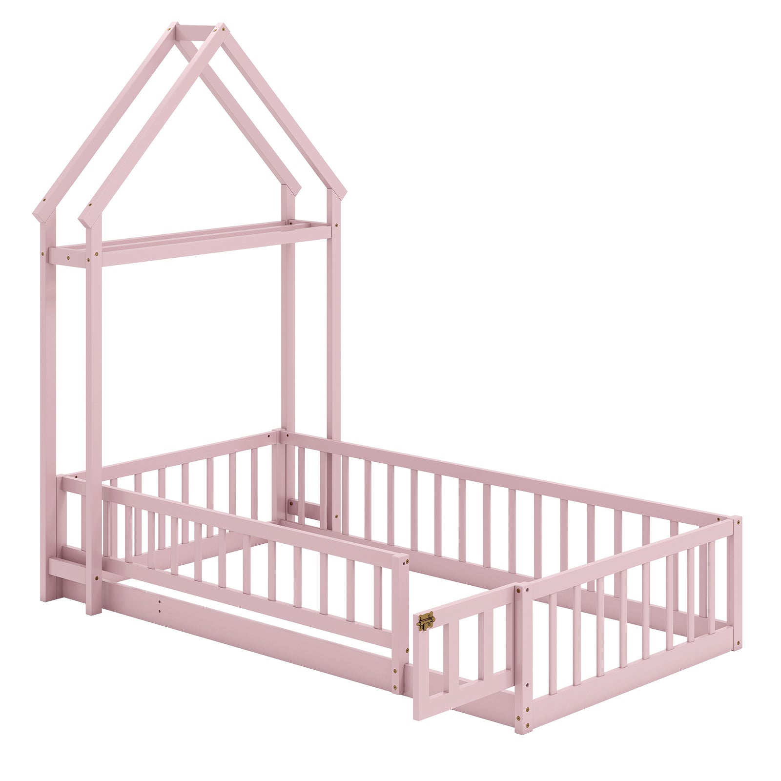 Twin Size House Floor Bed with House-shaped Headboard-Pink - Pink