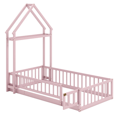 Twin Size House Floor Bed with House-shaped Headboard-Pink - Pink