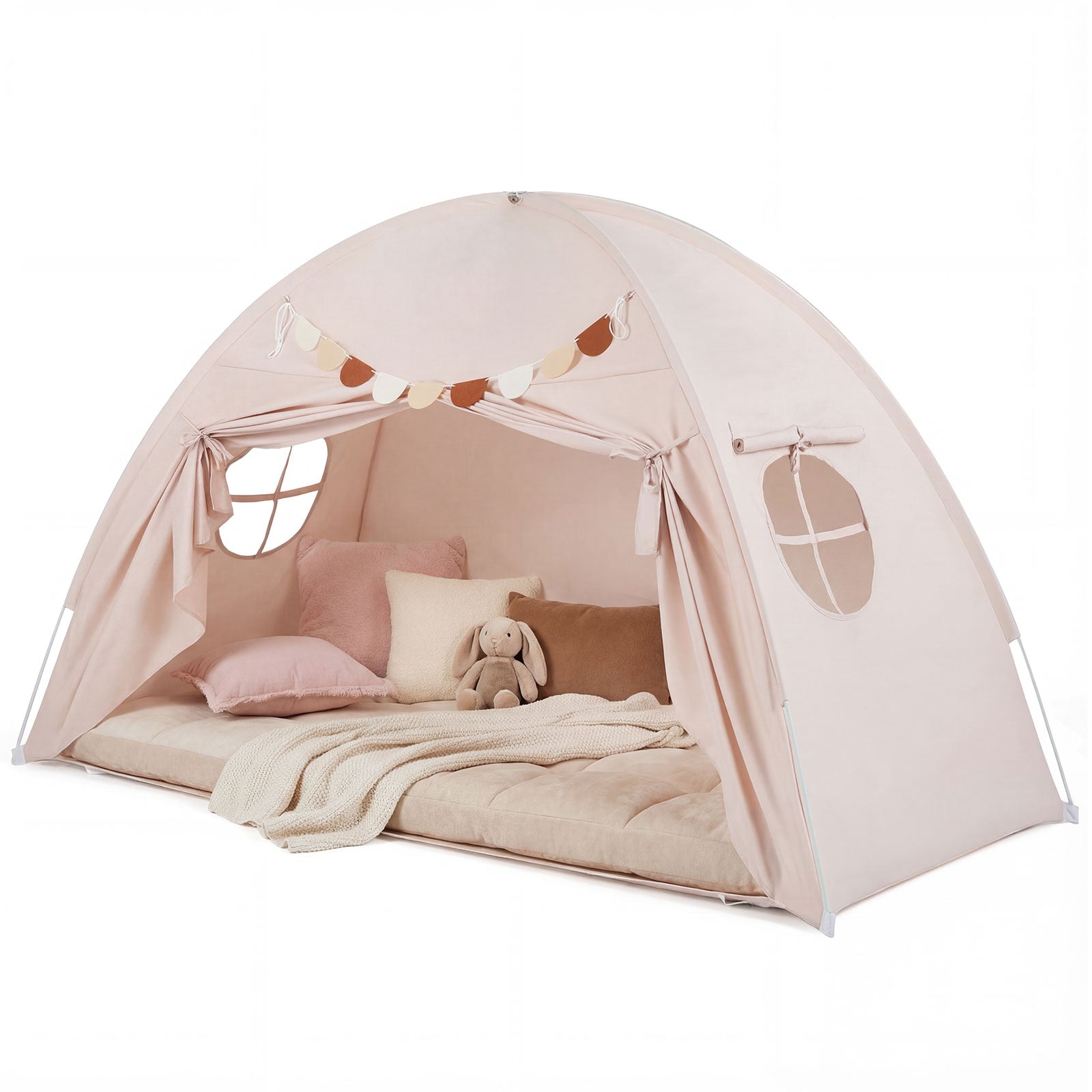 Twin Size Indoor Canopy Tent for Kids with 2 Window and Suits 3+-Beige