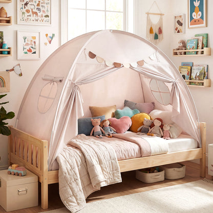 Twin Size Indoor Canopy Tent for Kids with 2 Window and Suits 3+-Beige