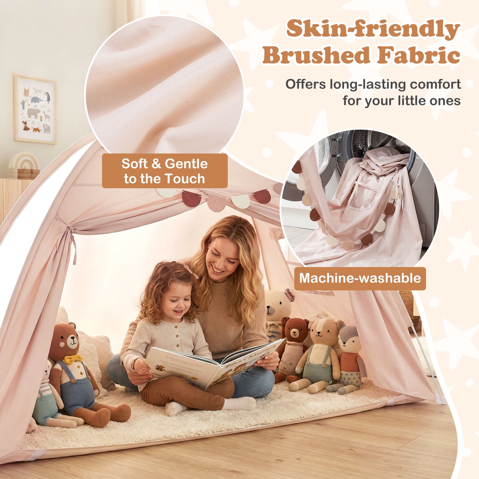 Twin Size Indoor Canopy Tent for Kids with 2 Window and Suits 3+-Beige