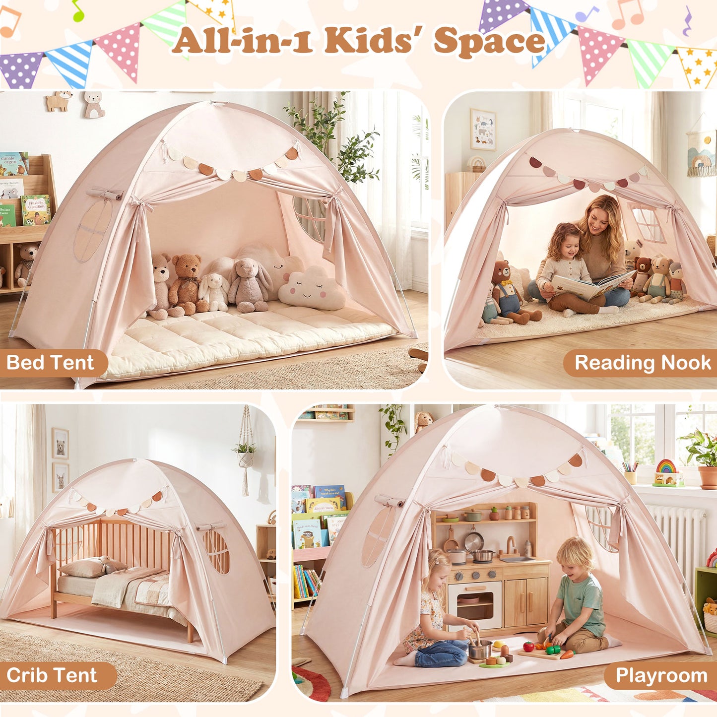 Twin Size Indoor Canopy Tent for Kids with 2 Window and Suits 3+-Beige