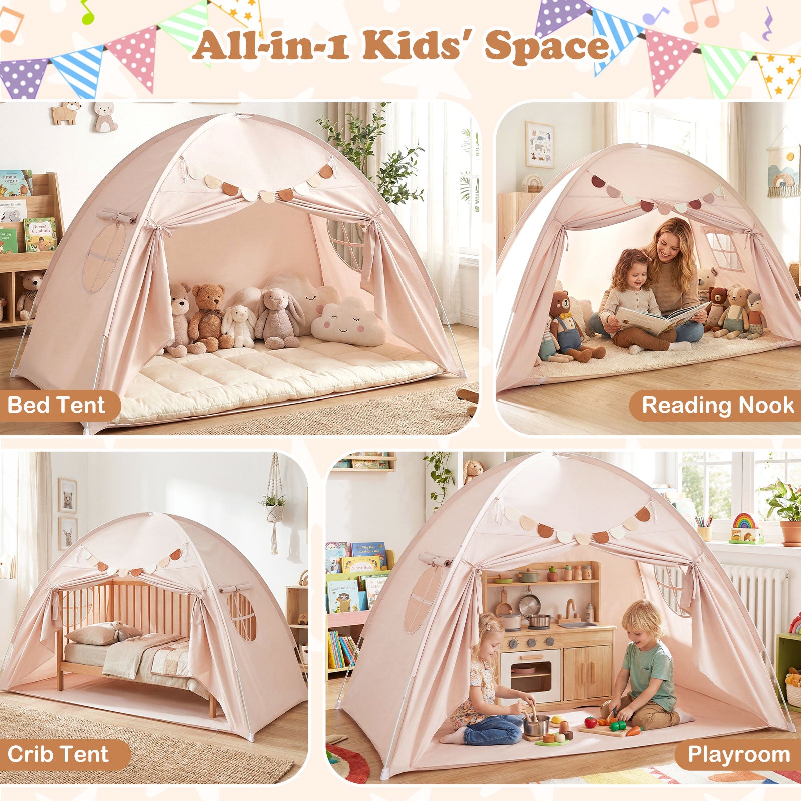 Twin Size Indoor Canopy Tent for Kids with 2 Window and Suits 3+-Beige