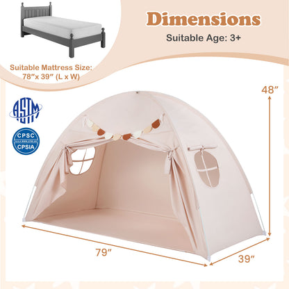 Twin Size Indoor Canopy Tent for Kids with 2 Window and Suits 3+-Beige