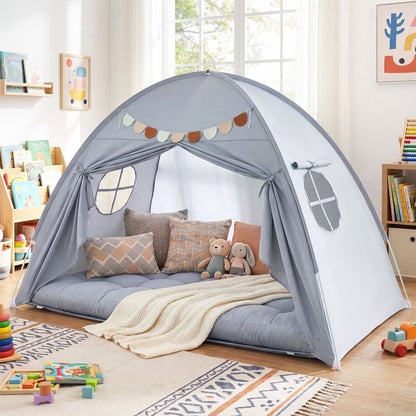 Twin Size Indoor Canopy Tent for Kids with 2 Window and Suits 3+-Grey