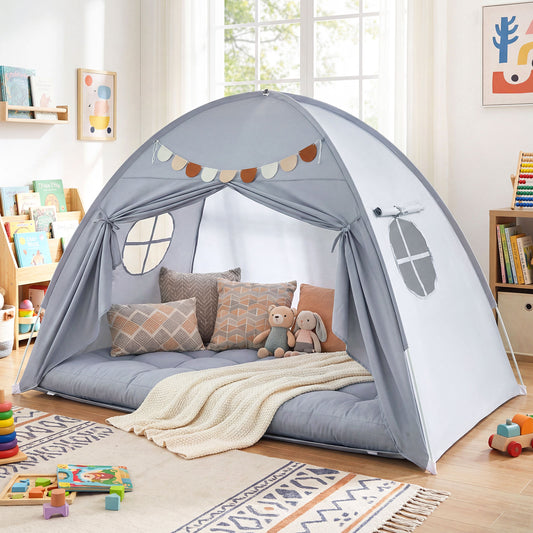 Twin Size Indoor Canopy Tent for Kids with 2 Window and Suits 3+-Grey