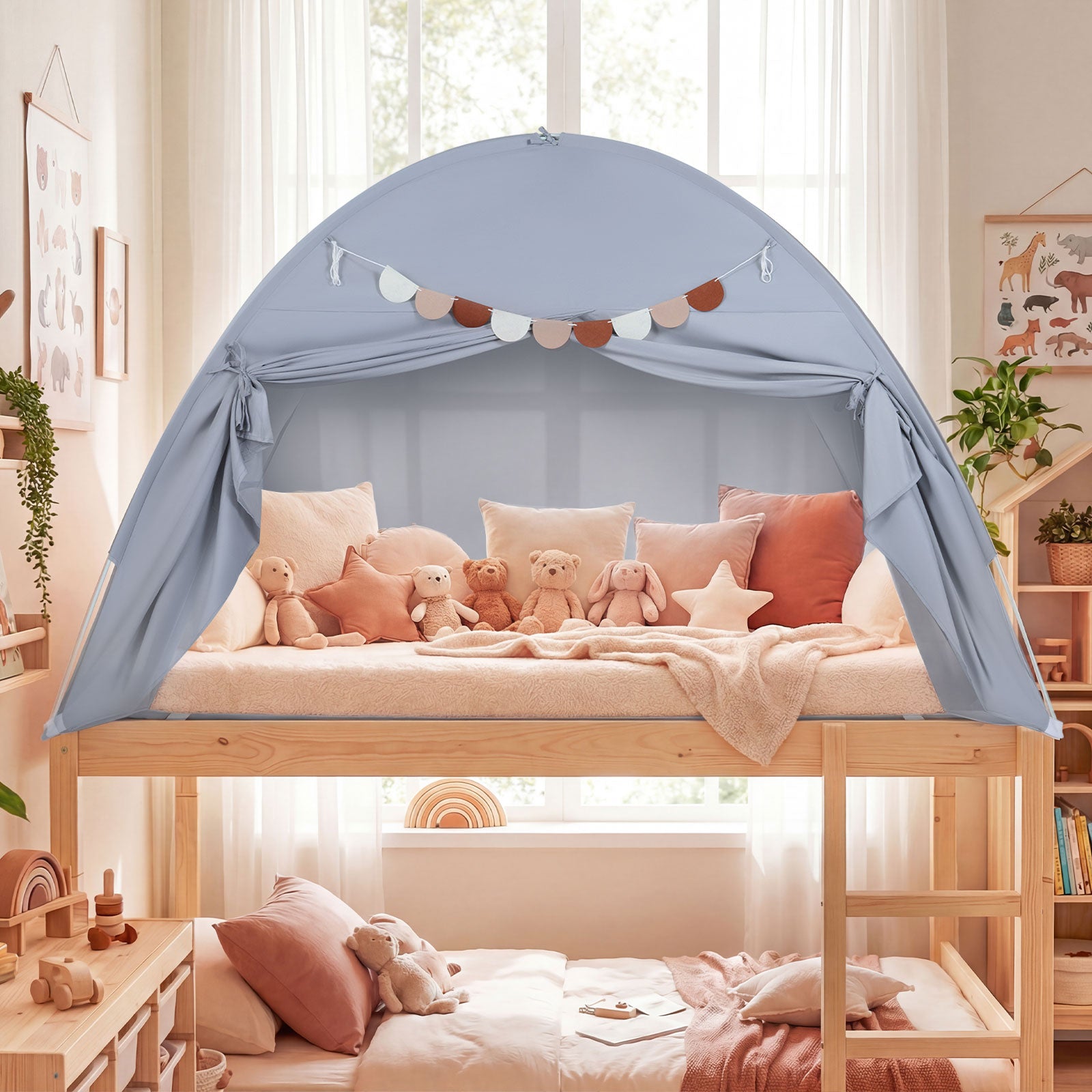 Twin Size Indoor Canopy Tent for Kids with 2 Window and Suits 3+-Grey