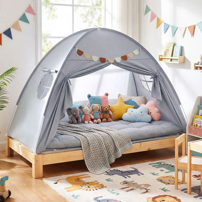 Twin Size Indoor Canopy Tent for Kids with 2 Window and Suits 3+-Grey