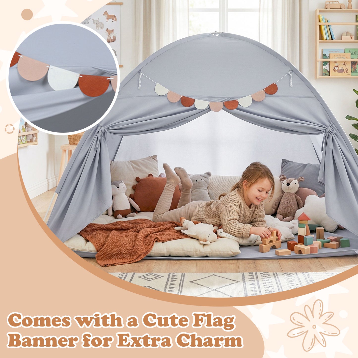 Twin Size Indoor Canopy Tent for Kids with 2 Window and Suits 3+-Grey