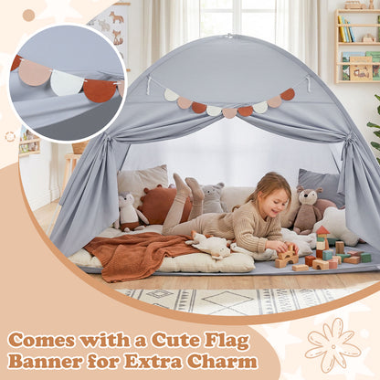 Twin Size Indoor Canopy Tent for Kids with 2 Window and Suits 3+-Grey