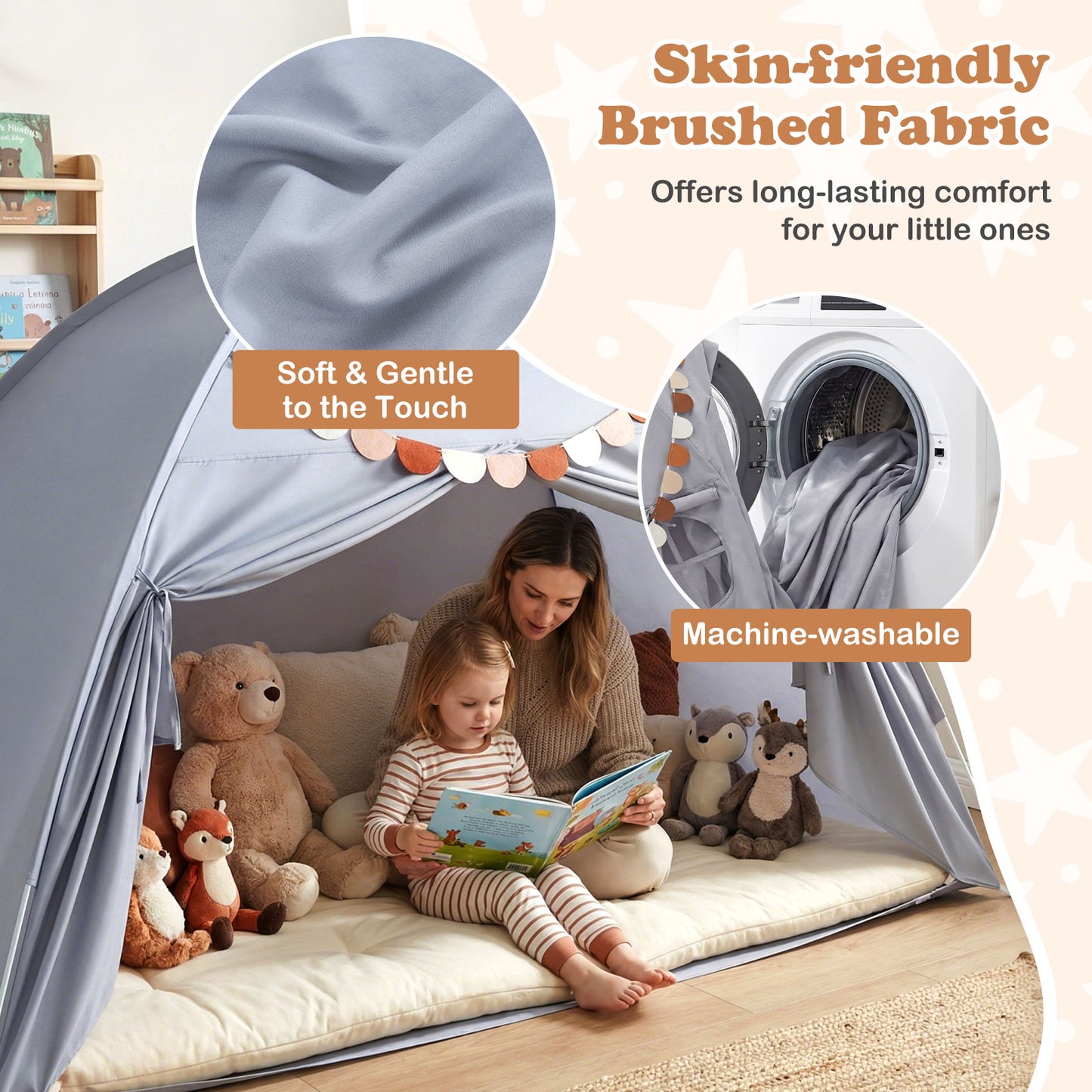 Twin Size Indoor Canopy Tent for Kids with 2 Window and Suits 3+-Grey