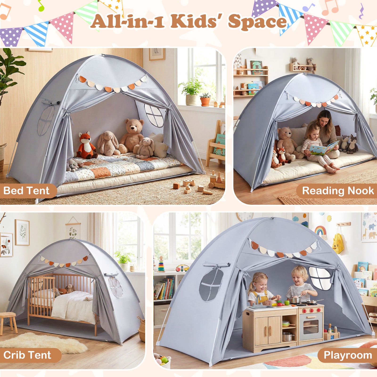 Twin Size Indoor Canopy Tent for Kids with 2 Window and Suits 3+-Grey