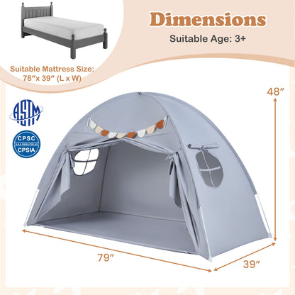 Twin Size Indoor Canopy Tent for Kids with 2 Window and Suits 3+-Grey