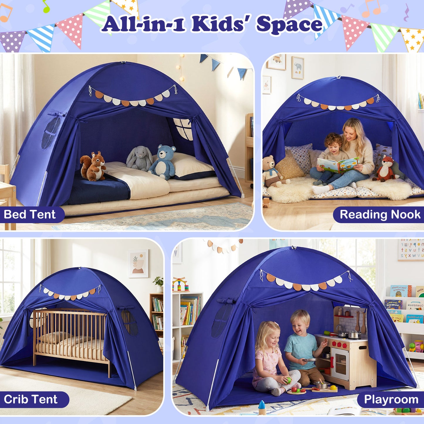 Twin Size Indoor Canopy Tent for Kids with 2 Window and Suits 3+-Navy