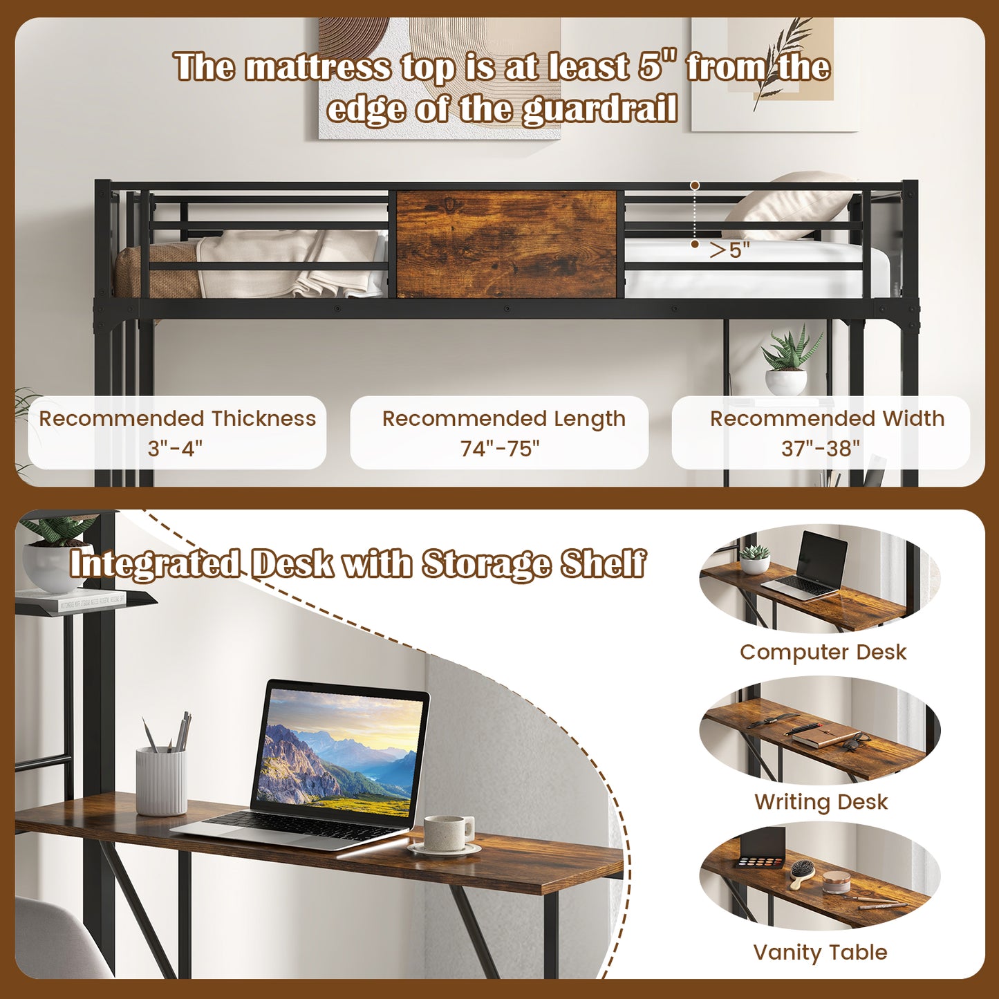 Twin Size Industrial Metal Loft Bed with Desk Storage Shelf and Build-in Ladder-Twin Size