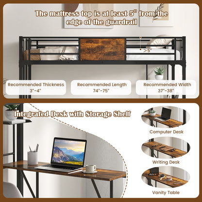 Twin Size Industrial Metal Loft Bed with Desk Storage Shelf and Build-in Ladder-Twin Size