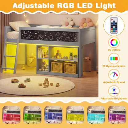 Twin Size Kids Loft Bed with LED Lights and Removable Bookcase-Gray