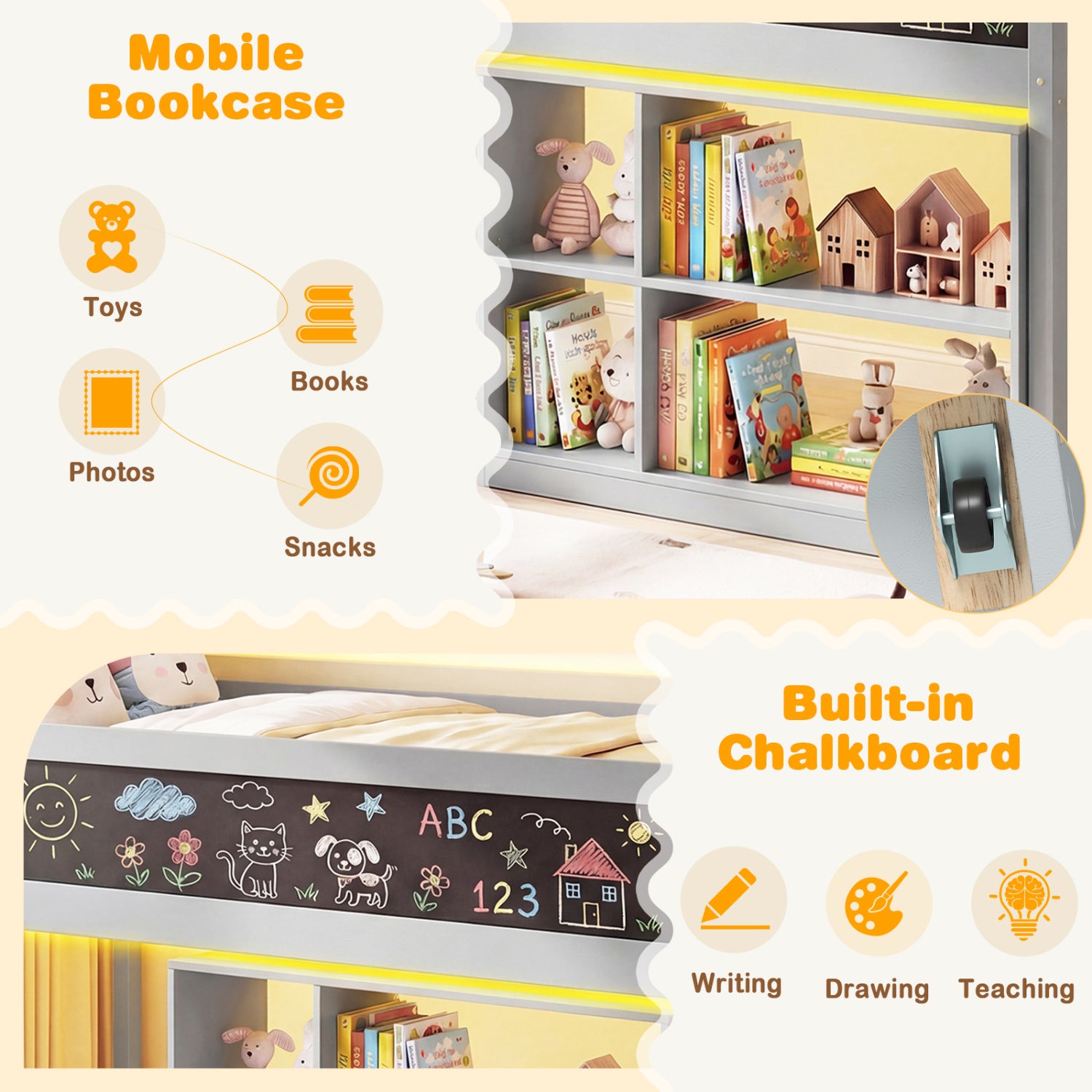 Twin Size Kids Loft Bed with LED Lights and Removable Bookcase-Gray
