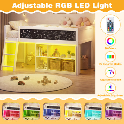 Twin Size Kids Loft Bed with LED Lights and Removable Bookcase-White