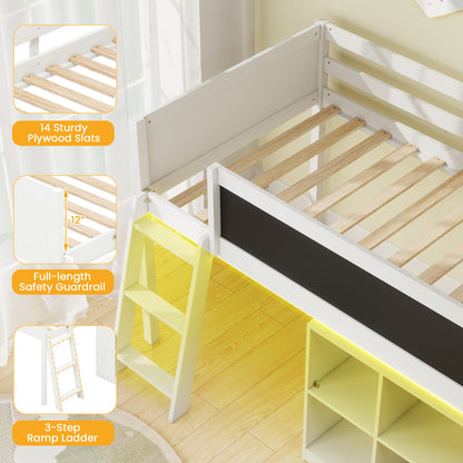 Twin Size Kids Loft Bed with LED Lights and Removable Bookcase-White