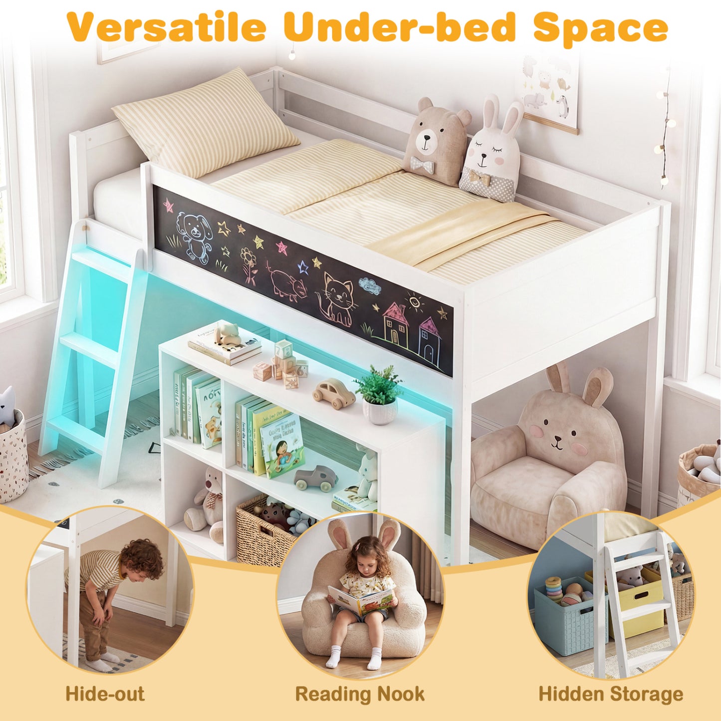 Twin Size Kids Loft Bed with LED Lights and Removable Bookcase-White