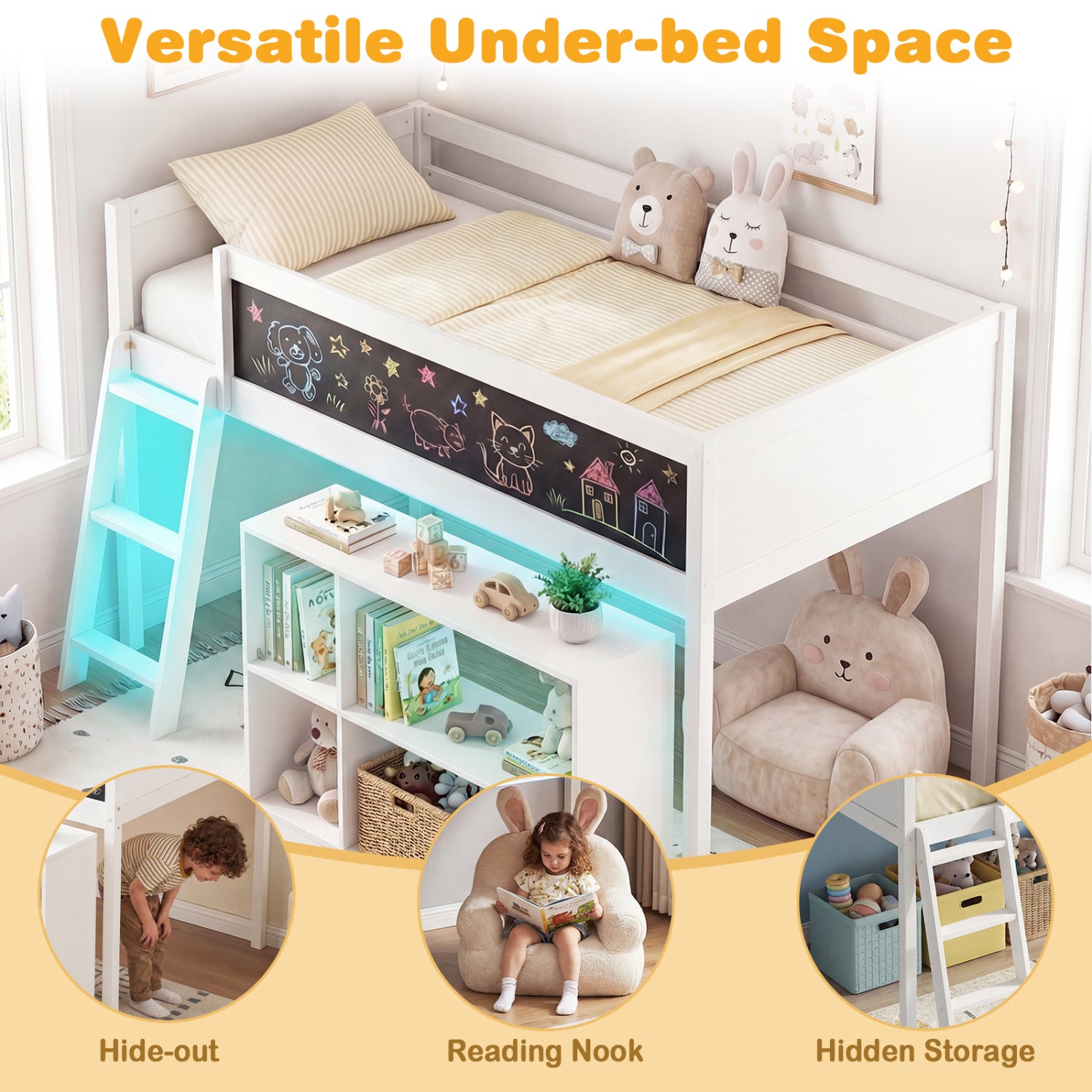 Twin Size Kids Loft Bed with LED Lights and Removable Bookcase-White