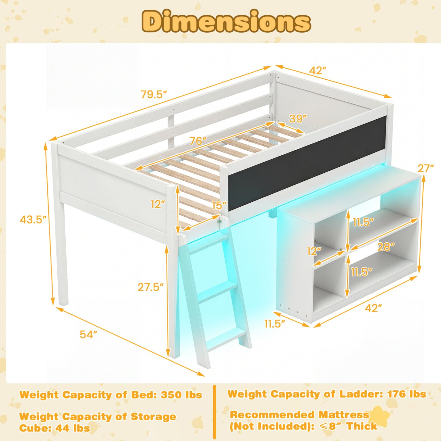 Twin Size Kids Loft Bed with LED Lights and Removable Bookcase-White