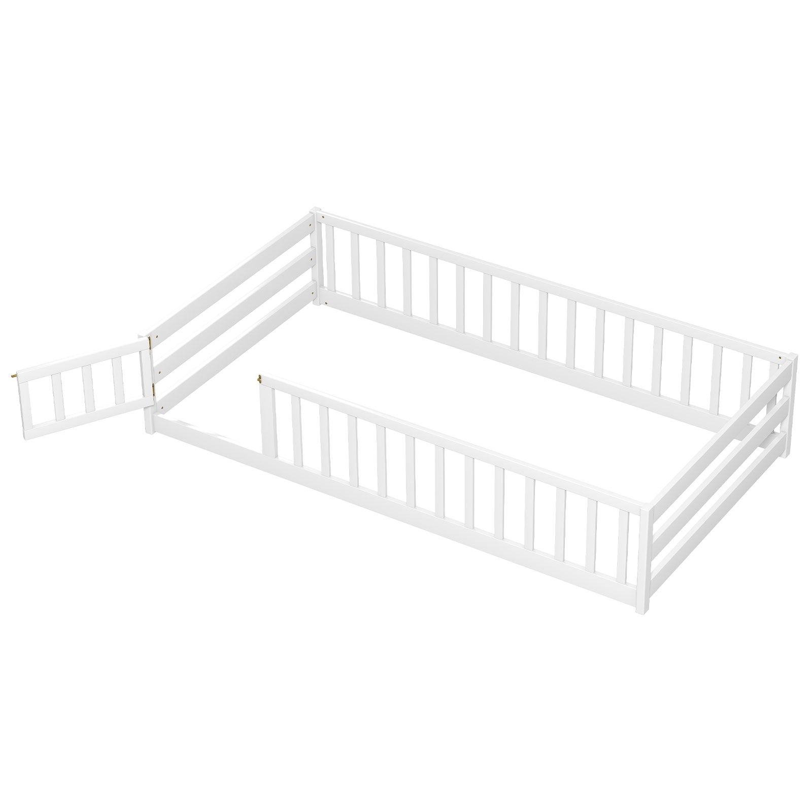 Twin Size Kids Wood Montessori Floor Bed with Door and Fence-Natural - White