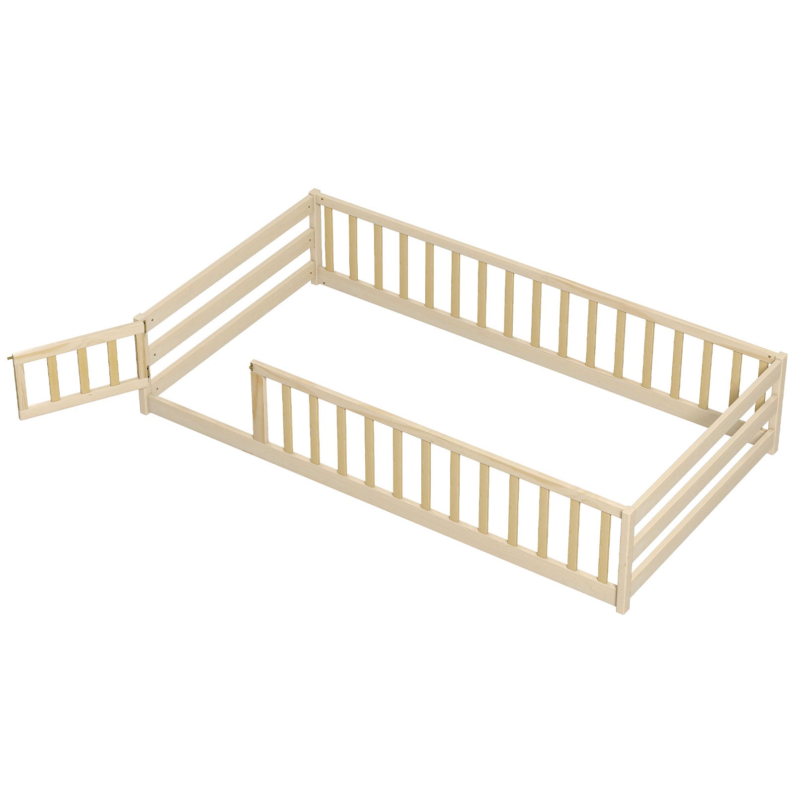Twin Size Kids Wood Montessori Floor Bed with Door and Fence-Natural - Natural