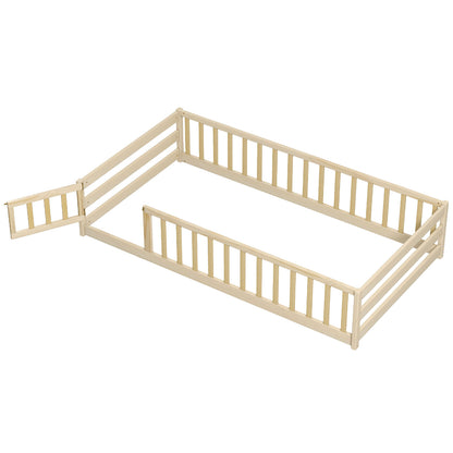 Twin Size Kids Wood Montessori Floor Bed with Door and Fence-Natural - Natural