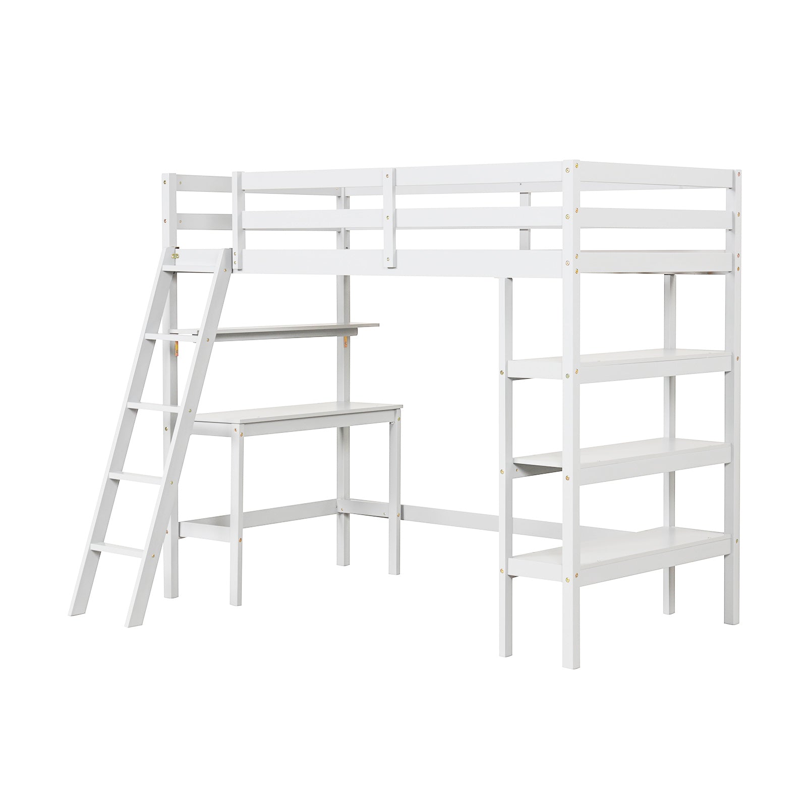 Twin Size Loft Bed with Desk and Bookshelves for Kids and Teens-White - White