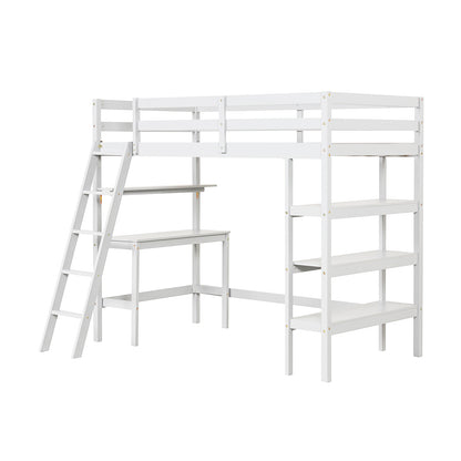 Twin Size Loft Bed with Desk and Bookshelves for Kids and Teens-White - White